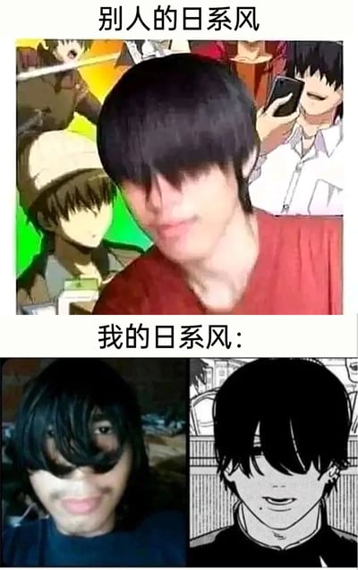 这是一张上下分栏的反差类搞笑梗图，上半栏标注文字“别人的日系风”，展示了一位留着遮挡眼睛的日系动漫风格发型的帅气男生，背景搭配了多张日系动漫男性角色的画面，整体营造出清爽贴合二次元日系风格的氛围感；下半栏标注文字“我的日系风：”，展示了一位留着类似遮挡眼睛发型的真人，旁边搭配了一张画风搞怪、咧嘴笑的日系漫画男性角色，和上半栏的精致感形成强烈反差，以自嘲的方式调侃自己模仿日系风格时的“翻车”效果，通过理想与现实的巨大差距制造搞笑笑点。