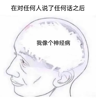 这是一张精准描绘社交内耗情绪的表情包，画面上方配有文字“在对任何人说了任何话之后”，中间是一幅神态低落的人头侧面线稿，线稿内部标注文字“我像个神经病”，用空白的人头来表现发言后大脑被自我否定的想法填满的状态，生动刻画了敏感、社恐人群在与他人交流结束后，立刻陷入自我怀疑，觉得自己言行失当、像个“神经病”的焦虑与懊恼，引发有类似社交内耗经历人群的共鸣。