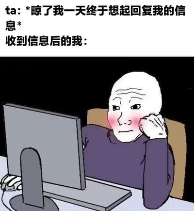 这张梗图幽默地描绘了对方晾了一天终于回复消息后的心情。上方文字写道："ta: *晾了我一天终于想起回复我的信息* 收到信息后的我:"，下方是一个卡通人物形象，他秃顶，脸颊泛红，正坐在电脑前，手托着腮帮子，表情害羞又期待地看着电脑屏幕，生动展现了收到迟来回复时的复杂情绪。