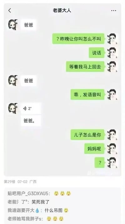 这是一张聊天记录截图，显示“老婆大人”与“爸爸”的对话。“老婆大人”质问昨晚为何不叫她，要求发语音，“爸爸”发送语音后，对方惊讶回复“儿子怎么是你”“妈妈呢”，引发搞笑误会。下方是百度贴吧用户的评论，如“老能了 笑死我了”，整体充满家庭日常的幽默氛围。