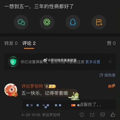 这是一张来自罗伯特平台的社交媒体截图，顶部发布的文案用夸张的调侃“一想到五一，三年的性病都好了”来表达对五一假期的期待；评论区中，用户“评论罗伯特”发布首评“五一快乐，记得带套哦”，结合顶部文案玩了相关的趣味梗，另一位匿名用户回复“我服你了，，”，表现出对这个调侃回复的无奈又好笑的态度；同时界面显示已设置屏蔽词，部分内容可能被过滤，整体围绕五一假期展开低俗趣味的玩梗互动，充满搞笑氛围。