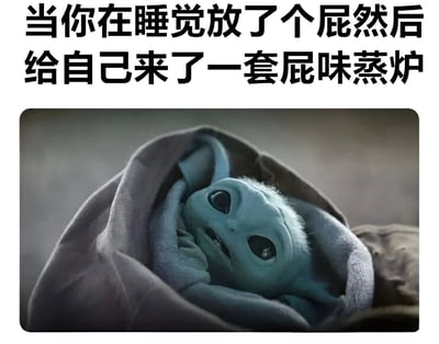 图片上方是黑色粗体文字：'当你在睡觉放了个屁然后给自己来了一套屁味蒸炉'，下方是《星球大战：曼达洛人》中的尤达宝宝被灰色毯子紧紧包裹着的截图。尤达宝宝露出两只大眼睛，表情看起来既无辜又惊讶，完美契合了文字描述的尴尬又好笑的场景。这种将可爱角色与不雅生活场景结合的方式产生了强烈的幽默效果。