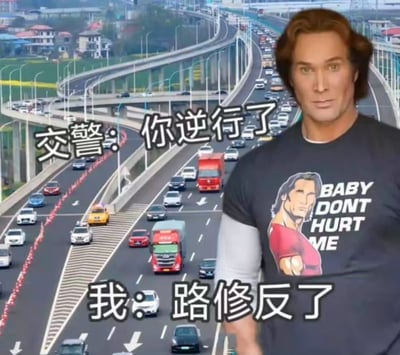 图片背景为车水马龙的高速公路，多车道上有各类车辆行驶。前景中美国健身网红迈克·奥赫恩身着印有自身形象及“BABY DON'T HURT ME”字样的深色T恤，表情展现出“大力王”标志性的迷之自信。图中配有两组对话文字：“交警：你逆行了”与“我：路修反了”，通过无逻辑回应讽刺盲目自信的行为，是“大力王文学”的典型表现形式。