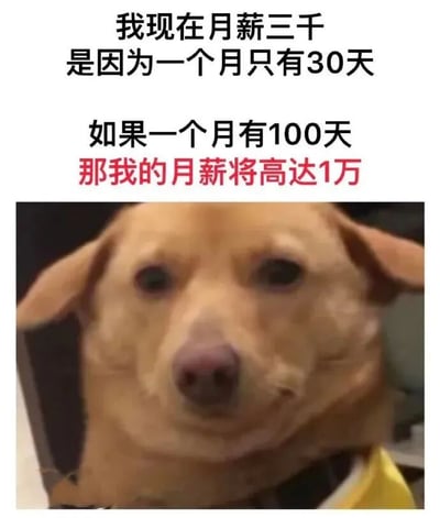图片上方为黑色文字：“我现在月薪三千 是因为一个月只有30天 如果一个月有100天”，其中“那我的月薪将高达1万”为红色文字突出显示。下方是一张黄色狗狗的特写照片，狗狗表情平静，正直视镜头。图片通过荒诞的数学逻辑制造幽默效果，将月薪三千归因于每月只有30天，假设每月100天则月薪可达1万，实则日薪固定下的错误推论，带有自嘲和调侃意味。