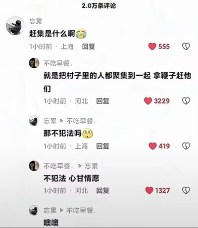 这是一张国内短视频平台的评论区截图，展示了两位用户的搞笑互动。用户“忘累”对“赶集”这个民俗活动完全不了解，发出疑问“赶集是什么啊”，用户“不吃早餐.”故意给出错误的、带有荒诞感的解释，称赶集是“把村子里的人都聚集到一起 拿鞭子赶他们”，“忘累”信以为真，疑惑地询问“那不犯法吗”，对方回复“不犯法 心甘情愿”，最后“忘累”回复“噢噢”。实际上“赶集”是指乡村地区定期举办的集市贸易活动，评论中的解释是玩笑话，整个对话因对民俗活动的误解产生了幽默效果，评论区的点赞数也体现了内容的趣味性。