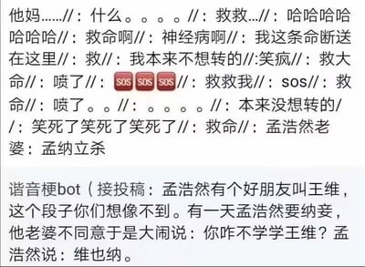 图片上方是一系列网友的激动评论，包含“救命啊”“笑疯”“SOS”等表达强烈情绪的文字，中间以“孟浩然老婆：孟纳立杀”过渡；下方是谐音梗bot发布的段子，内容为：孟浩然想纳妾，妻子不满并让他学学好友王维，孟浩然却回答“维也纳”。该图通过谐音梗制造笑点，“王维”与“维也纳”发音相近，形成幽默效果。