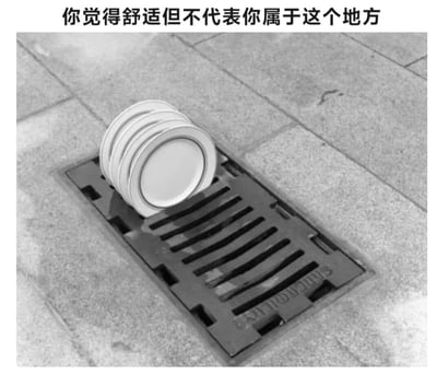 一张黑白照片，展示了一叠白色的盘子恰好卡在排水沟盖上。盘子稳稳地放置在格栅上，形成一种看似合适却又不协调的画面。图片上方配有文字：'你觉得舒适但不代表你属于这个地方'，暗示了一种关于归属感与表面适应的哲学思考。