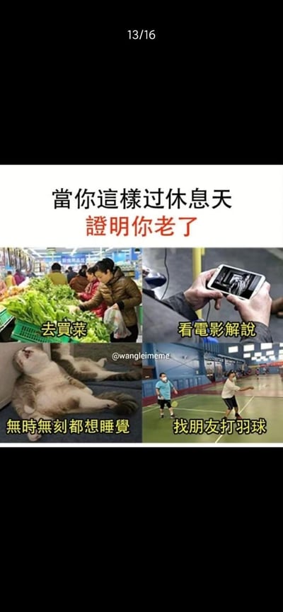 这是一张调侃当代年轻人心态“变老”的四格拼贴梗图，用四个场景总结了典型的“老年化”休息日常：1. 去菜市场认真挑选买菜；2. 用手机看电影解说代替完整看电影；3. 随时随地都犯困想躺着睡觉；4. 约朋友打羽毛球这类温和的运动。图中用夸张的方式指出，当年轻人的休息日从熬夜、狂欢变成这类规律、养生的活动时，就代表心态开始趋向“老年化”，引发当代年轻人的共鸣，没有双关或谐音梗，是对生活状态变化的趣味总结。