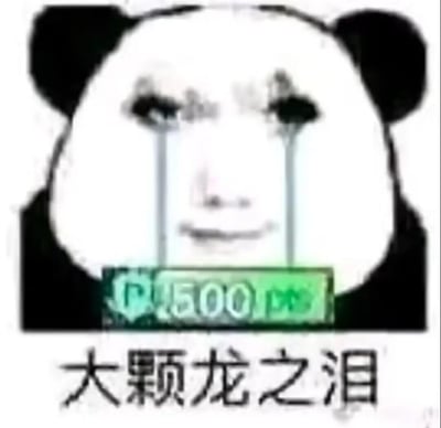 这是一张经过P图改编的熊猫头换脸表情包，将真人的痛哭表情与熊猫头形象结合，画面中间有一个绿色的「-500」数值标识，下方配文「大颗龙之泪」。图中用夸张的痛哭表情，搭配损失500货币的标识，来表现因失去游戏货币（或金钱）而极度心疼的情绪，其中「大颗龙之泪」是谐音梗，谐音「大颗银子泪」，精准对应损失金钱的心痛感，是游戏玩家用来吐槽游戏内资源损失的搞笑梗图。