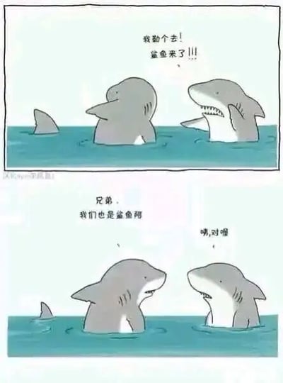 这是一幅上下分栏的连环卡通图，讲述了两只鲨鱼的乌龙搞笑故事。上半部分中，一只鲨鱼看到水中的背鳍，惊慌地大喊“我勒个去！鲨鱼来了！！！”，另一只鲨鱼也被带动，露出惊恐的反应，二者完全没意识到自己本身就是鲨鱼；下半部分中，率先反应过来的鲨鱼提醒同伴“兄弟，我们也是鲨鱼啊”，另一只鲨鱼才恍然大悟，回应“哦，对喔”。漫画通过这种“当局者迷”的乌龙情节，制造出荒诞又轻松的搞笑效果。