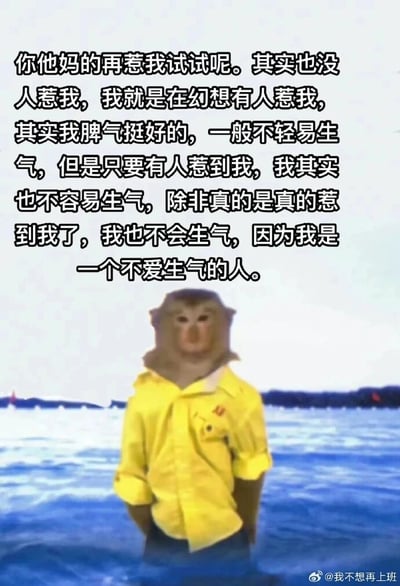 这是一张充满幽默反差感的原创网络表情包。画面主体是经过拟人化处理的形象：猴子头部搭配穿着黄色衬衫的人体，双手背在身后，面无表情地站在蓝色的水面中。图片上方配有一段极具矛盾性的文字，开篇用强硬的语气放狠话，随后立刻自我消解，说明只是在幻想有人惹自己，接着反复强调自己脾气好、不易生气，最终落脚在“我是一个不爱生气的人”。这段文字生动刻画了一个想摆出强硬姿态，却又忍不住不断服软、内心充满纠结的情绪状态，通过夸张的反差制造出诙谐的效果，精准戳中了人们想发脾气却又克制自己的矛盾心态，适合在社交场景中用来表达这种纠结、嘴硬心软的情绪。