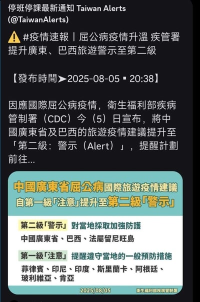 这是一张关于台湾地区发布屈公病疫情旅游警示的通知截图。内容显示卫生福利部疾病管制署宣布将中国广东省及巴西的旅游疫情建议提升至第二级“警示”，并列出了不同级别对应的地区及防护建议。