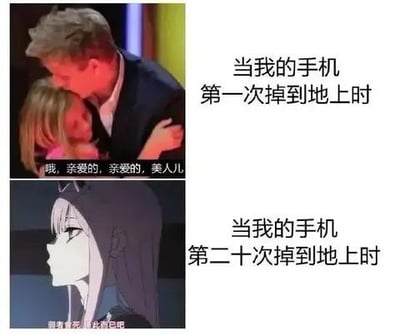这是一张上下对比的梗图，通过前后反差来调侃人们对手机掉落的心态变化：上图是真人影视截图，配文“当我的手机第一次掉到地上时”，图中男性亲密拥抱女性，配文“哦，亲爱的，亲爱的，美人儿”，模拟出第一次手机掉落时，人们对手机珍视、紧张的心态；下图是动画《间谍过家家》中约尔·福杰的截图，配文“当我的手机第二十次掉到地上时”，角色表情冷漠，配文“您有事吗您搁这”，表现出多次手机掉落后，人们已经习以为常、麻木冷漠的态度，整体搞笑又贴合日常经历。