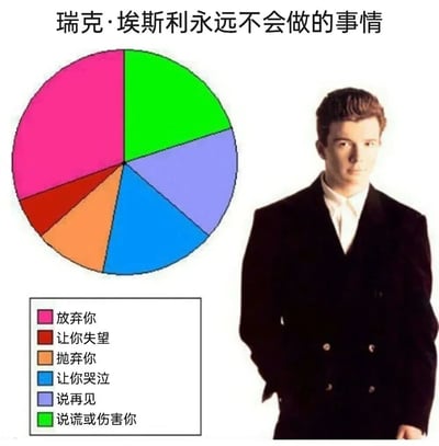这是一张关于瑞克·埃斯利(Rick Astley)的梗图，左侧是一个彩色饼图，右侧是瑞克·埃斯利的照片。饼图展示了瑞克·埃斯利永远不会做的各种事情，包括放弃你、让你失望、抛弃你、让你哭泣、说再见和说谎或伤害你。这是对他经典歌曲《Never Gonna Give You Up》歌词的幽默可视化，也是对网络流行的'瑞克摇摆'(Rickrolling)梗的致敬。