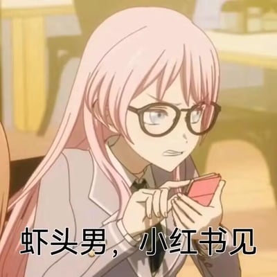 图中是一位粉色长发、戴着黑框眼镜的动漫女生，她眉头紧皱，眼神带着不满，面部表情愤怒又嫌弃，双手握着一部红色手机，手指放在手机上似乎正在进行操作。图的下方配有文字“虾头男，小红书见”，其中“虾头男”是“下头男”的谐音，指代那些言行让人扫兴、反感的男性，整图表达了要去小红书平台吐槽、曝光这类讨厌男性的不满情绪，用动漫角色愤怒的表情强化了这种吐槽的情绪强度。