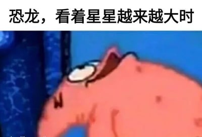 图片上方配有文字“恐龙，看着星星越来越大时”，下方是一只粉色卡通恐龙的特写。恐龙眼睛瞪得很大，嘴巴微张，表情震惊，正抬头仰望。背景为蓝色，带有深色花纹的物体（可能是窗帘或岩石）。图片通过“星星越来越大”暗示小行星撞击地球导致恐龙灭绝的科学假说，用卡通形象的夸张表情制造幽默效果。