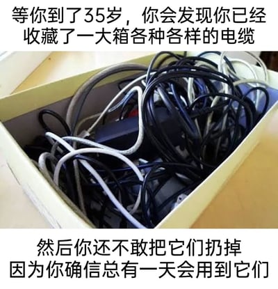 这是一张图文混排的静态单图，图片上方添加配文“等你到了35岁，你会发现你已经收藏了一大箱各种各样的电缆”，中间主体是实拍照片，展示了一个打开的浅色纸箱里塞满了不同规格、不同颜色的数据线、电源线，各类线材杂乱缠绕在一起；图片下方补充配文“然后你还不敢把它们扔掉 因为你确信总有一天会用到它们”，内容精准戳中了很多数码用户、电子爱好者的共同生活习惯，容易引发共鸣。