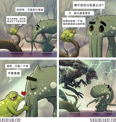 这是一幅四格恶搞连环漫画，改编自《青蛙王子》中“吻解除诅咒”的经典童话设定，同时融入了克苏鲁神话形象与《异形》系列的科幻元素。第一格中，青蛙将一个身处水中的克苏鲁风格生物误认成小青蛙，对方解释自己是被诅咒才变成这般模样；第二格中，青蛙猜测它曾是公主，对方却称自己是“皇后”，并表示只要得到一个吻就能解除诅咒恢复原样；第三格中，在该生物的鼓励下，青蛙最终吻了它；第四格中，伴随雷电，《异形》系列里的异形皇后现身，揭晓了“皇后”的真实身份，用反套路的科幻反差结局打破了童话的温馨走向，制造出荒诞的幽默效果。