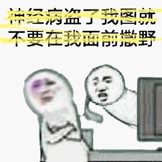 这是一张图文混排的梗图，上方用黄色覆盖的文字写着“神经病盗了我图就不要在我面前撒野”，下方是两个经过P图改编的暴走漫画风格表情包人物：左边人物眼眶青紫，抱臂坐在椅子上，神情委屈又愤怒；右边人物从电脑屏幕里探出头，表情愤怒，像是在指责对方。整体表达了原创者发现自己的图被盗用后，愤怒回怼的情绪，没有双关或谐音梗。