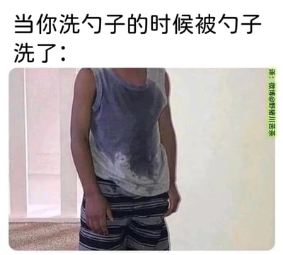 这是一张搞笑生活梗图，上方配有中文文字“当你洗勺子的时候被勺子洗了：”，下方展示了一位穿着灰色背心的真人，其背心下半部分和裤子被水大面积溅湿，湿痕的形状类似勺子，用这个生动的画面调侃了人们在洗勺子时不小心被溅得满身是水，仿佛反过来被“勺子洗了”的狼狈又好笑的日常经历，放大了生活小事的趣味性，让人产生共鸣。