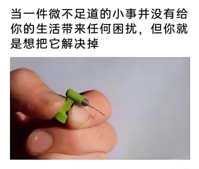 这张梗图上方是一段文字：'当一件微不足道的小事并没有给你的生活带来任何困扰，但你就是想把它解决掉'，下方是一张特写照片，显示一只手正在用绿色小工具小心翼翼地挑出手指上的细小木刺。图片通过日常生活中挑刺这一行为，幽默地表现了人们有时会执着于解决一些无关紧要的小问题的心理状态。