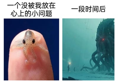 这是一张左右对比的图文梗图，左侧画面展示了一只体型极小的幼崽章鱼，它趴在人类的指尖上，模样懵懂可爱，上方配文“一个没被我放在心上的小问题”；右侧画面则是克苏鲁神话中的巨型章鱼怪物克苏鲁，它盘踞在昏暗的深海环境中，体型庞大到让旁边手持光源的人类显得无比渺小，上方配文“一段时间后”。整张图通过章鱼体型从迷你到巨型的强烈视觉反差，生动且夸张地讽刺了人们在生活或工作中忽视小问题的行为，暗示如果不及时处理小问题，随着时间推移，它会演变成难以解决的巨大麻烦，以此提醒人们重视细节，防微杜渐。