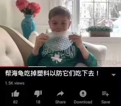 该图为外网短视频截图，上半部分画面中一名男孩坐在室内沙发上，双手拿着一块塑料网格制品凑到嘴边做出要吃下的动作，背景可见放置红色花束的蓝色花瓶、窗边绿植等家居陈设；下半部分是视频播放界面，配文写着“帮海龟吃掉塑料以防它们吃下去！”，同时显示播放量1.5K、点赞82、点踩18，以及分享、下载、保存的功能按钮，整体用逻辑荒诞的内容讽刺那些毫无实际意义、逻辑不通的迷惑环保行为。
