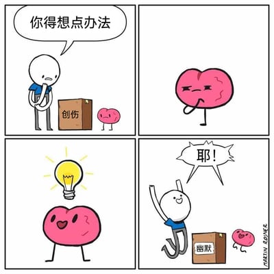 这是一幅四格卡通漫画，第一格中，白色卡通小人对着标有“创伤”的箱子和愁眉不展的拟人化小大脑说道“你得想点办法”；第二格中，拟人化大脑变大，皱着眉用手托着下巴，陷入思考；第三格中，大脑上方出现代表灵感的发光灯泡，大脑露出开心的表情，显然想到了解决办法；第四格中，原本标有“创伤”的箱子标签变成了“幽默”，小人兴奋地高举双手欢呼“耶！”，拟人化大脑也开心地蹦跳起来，整个漫画生动地表现了用幽默来转化心理创伤的疗愈过程。