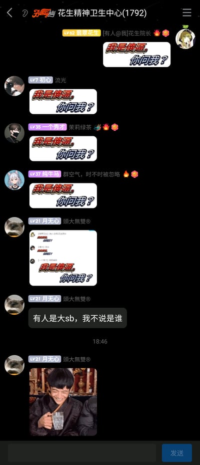 这是一张名为“花生精神卫生中心”的1792人群聊的聊天记录截图，采用竖屏手机格式呈现。群内成员先是集体发送同款带有“我是傻逼，你问我？”字样的玩梗图片，成员月无心先是转发了包含这些玩梗内容的截图，随后发布文字“有人是大sb，我不说是谁”进行吐槽，最后发送了一张网红丁真举杯大笑的图片，整体是群友间的搞笑玩梗互动，氛围轻松诙谐，充满了群聊特有的趣味跟风感。