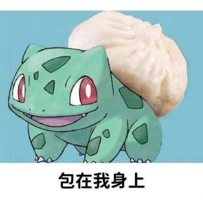 这是一张经过二次创作的搞笑表情包，背景为浅蓝色，主体是宝可梦系列的经典角色妙蛙种子，原本它背上生长的植物部分被替换为一个真实的中式包子，妙蛙种子睁着红眼睛，嘴角上扬露出微笑，看起来十分可靠；图片下方配有黑色文字“包在我身上”，利用“背上有包子”的画面和“包在我身上”的中文俗语形成谐音加画面的双重呼应梗，用来表达承诺承担任务、事情交由自己处理完全没问题的含义，风格搞笑接地气，适合在社交场景中回应他人请求时使用。