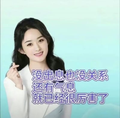 这是一张经过二次创作的网络表情包，主体是真人明星赵丽颖，她身着白色上衣，黑色卷发自然垂落，面带温和治愈的微笑，右手抬起做出轻抬的手势，背景是清新的浅蓝纯色。图片下方添加了紫色描边的白色文字：“没出息也没关系 还有气息就已经很厉害了”，传递出一种接纳自我、放下焦虑的佛系心态，既可以用于在遭遇挫败、压力大时进行自我安慰，也能以调侃的语气鼓励他人，整体风格轻松解压，契合当下年轻人的情绪抒发需求。