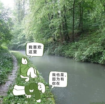 这是一张结合真实自然风景与原创卡通形象的治愈系创作，基底是被茂密绿植环绕的静谧河畔实景，岸边的小径与潺潺河水营造出清新放松的户外氛围。画面中添加了两个穿着绿色衣服的可爱卡通角色：一只猫咪安静地坐在河畔岸边，身体放松地倚靠；一只狗狗慵懒地躺卧在旁。猫咪开口说“我喜欢这里”，狗狗则温柔回应“我也是，因为有你在”，简单的对话传递出满满的陪伴感与暖意，让原本清新的自然场景更添温馨治愈的氛围。