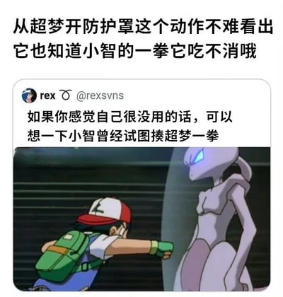 图片上方配有文字'从超梦开防护罩这个动作不难看出它也知道小智的一拳它吃不消哦'，中间是社交媒体用户'rex'的帖子截图，内容为'如果你感觉自己很没用的话，可以想一下小智曾经试图揍超梦一拳'，下方是《精灵宝可梦》动画截图，画面中小智戴着红白帽子、背着绿色背包，正挥拳冲向超梦，超梦则开启了紫色防护罩进行防御。整体通过动漫名场面结合幽默文字，以自嘲的方式调侃即使看似弱小的行为也有其存在意义。
