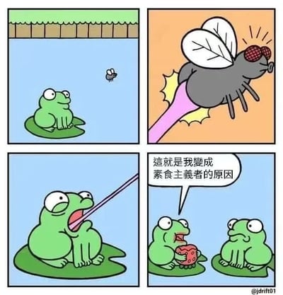 四格连环漫画讲述绿色青蛙成为素食主义者的搞笑原因：第一格青蛙悠闲地坐在荷叶上观察一只小苍蝇；第二格苍蝇突然变身成带有火箭推进器、红色护目镜的凶悍形象；第三格青蛙惊讶地伸出舌头捕食苍蝇；第四格青蛙手持草莓对另一只青蛙解释“这就是我变成素食主义者的原因”。通过夸张的反差（小苍蝇变凶悍）制造幽默效果，讽刺性地解释了成为素食者的“奇葩”理由。