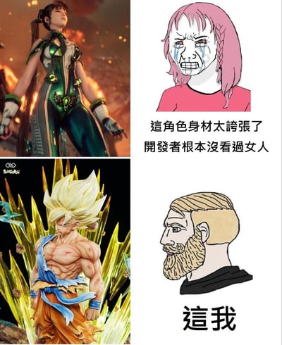 这是一张上下分栏的对比梗图：
上半栏展示了一位身材比例夸张的女性游戏角色手办，搭配崩溃哭泣的女性表情包，配文吐槽「這角色身材太誇張了 開發者根本沒看過女人」；
下半栏展示了《龙珠》中超级赛亚人形态的孙悟空手办，拥有极其夸张的肌肉和发型，搭配淡定的男性表情包，配文「這我」。
梗图通过强烈的对比，讽刺了部分人群对游戏/动漫中男女角色夸张设定的双标态度：对女性角色的夸张身材严苛指责，却对男性角色的超现实设定习以为常。