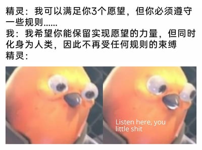 这是一张图文结合的搞笑梗图，上方是一段充满反转的许愿对话：精灵提出可以满足对方三个愿望，但需要遵守规则，而许愿者的愿望却是让精灵保留实现愿望的力量同时化身为人类，以此让精灵脱离规则束缚，直接套路了精灵。下方是左右两张对比的卡通鸟形象，左侧鸟是惊讶的表情，右侧鸟则是愤怒的神态，还配有英文脏话“Listen here, you little shit”，对应精灵被反套路后暴怒爆粗的反应，用夸张的表情和粗俗的台词放大了被算计后的气急败坏，整个内容充满了反转的搞笑效果，玩了反套路许愿的经典段子。