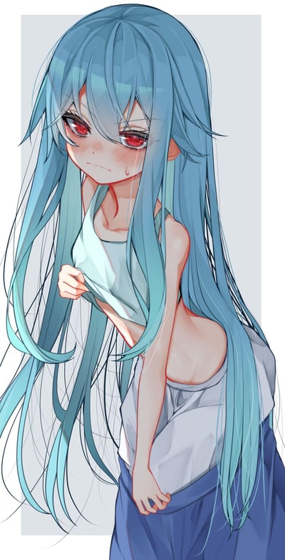 这是一幅二次元风格的AI插画，画面中的少女有着渐变蓝的长直发，搭配醒目的红色眼眸，脸颊布满红晕，眼角挂着泪滴，神情委屈又带着害羞。她一只手揪着自己的浅色上衣，露出部分腰腹，身体微侧，姿态显得局促不安，整体画风细腻柔和，突出了少女的娇怯感。
图中没有双关、谐音梗或暗示内容。