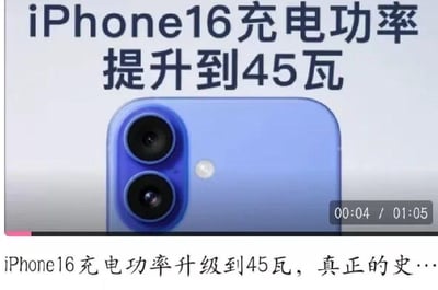 图片为视频截图，上方有大号文字'iPhone16充电功率提升到45瓦'，中间展示一部蓝色iPhone（疑似iPhone16概念图）的背面，可见双摄像头模组。底部有视频播放进度条及时间戳'00:04 / 01:05'，下方文字显示'iPhone16充电功率升级到45瓦，真正的史…'（内容未完全显示）。整体用于传达iPhone16充电功率提升的传闻信息。