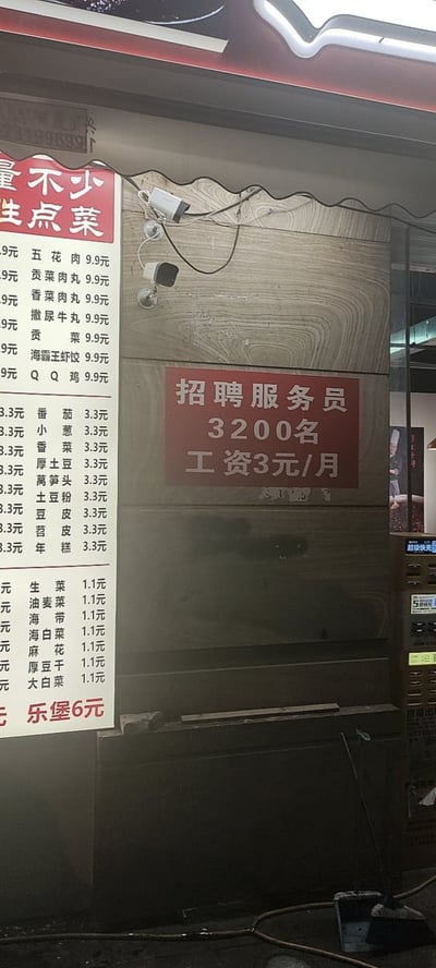 这是一张线下餐饮门店的实拍静态图，画面左侧是门店的竖版菜品价目表，分多档位标注各类食材价格；右侧墙面张贴的红底白字招聘告示出现明显排版失误，将内容错写为“招聘服务员3200名 工资3元/月”，严重违背现实招聘逻辑，极具荒诞笑点，画面还能看到墙面的监控摄像头、右侧的取餐设备以及地面的清洁拖把、水管等店内物品，整体是普通餐饮店的内部场景。