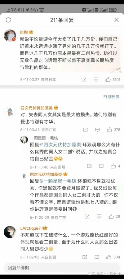 这是一张微博评论区的截图，展示了游戏粉丝群体围绕“同人女对游戏盈利和长期热度的价值”展开的讨论与争论。有用户指出游戏厂商失去同人女群体是巨大损失，因为她们是具备高二创热情、能助推作品长期盈利的群体；有用户认同该观点，也有持不同意见的用户提出质疑并引发互呛，还有用户提及游戏长红与二创量的关联，评论者来自日本、广东、贵州、新疆等地，评论点赞数差异较大，最高赞达1201。