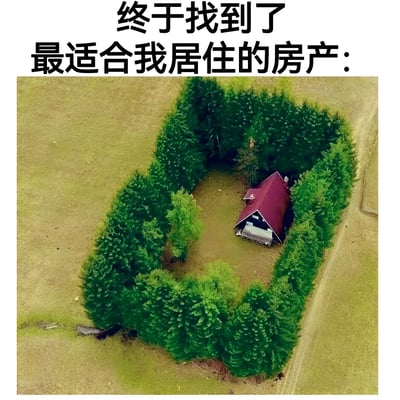 图片上方配有黑色加粗文字“终于找到了最适合我居住的房产：”，下方是一张航拍视角的照片。照片中，一片茂密的绿色森林被修剪成规整的心形，心形森林中央坐落着一栋带有红色屋顶的白色小屋，周围是开阔的黄褐色草地，整体呈现出一种与世隔绝的宁静氛围，幽默地表达了人们对远离喧嚣、被自然环抱的理想居住环境的向往。