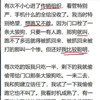 这是一段纯文字的搞笑反转段子，讲述者误入传销组织后，发现门口的大狼狗是出逃的阻碍，于是每天省下自己的饭投喂大狼狗，和狗建立信任后，最终带着大狼狗一起逃离了传销窝点，情节荒诞又充满趣味，让人忍俊不禁。