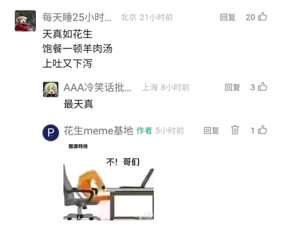 这是一张社交平台的评论区截图，用户“每天睡25小时...”发布评论，以“天真如花生 饱餐一顿羊肉汤 上吐又下泻”的内容玩梗，用户“AAA冷笑话批...”回复“最天真”进行互动。随后该内容的作者“花生meme基地”回复并附带一张meme图，图中是一个橙色卡通形象瘫坐在办公椅上，身体前倾靠在桌沿，配文“不！哥们”，传递出崩溃、无力的情绪，meme图标注“图源网络”，右下角有水印“@无毒颜”，整个内容围绕“花生”相关梗展开，充满搞笑吐槽的氛围，属于meme社区的趣味互动内容。