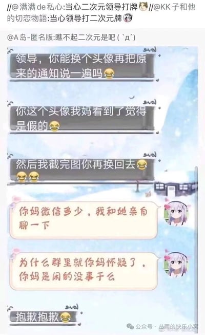 这是一段充满反差感的职场搞笑聊天记录：员工因为母亲觉得领导的二次元头像像假微信账号，请求领导更换头像重发通知，截完图再换回去；没想到领导直接回怼要加员工母亲微信亲自解释，还吐槽员工母亲太闲，最后员工只能连忙道歉。对话的反差感和领导的硬核态度让整个场景十分搞笑，也戳中了二次元爱好者在现实中遇到的小尴尬。