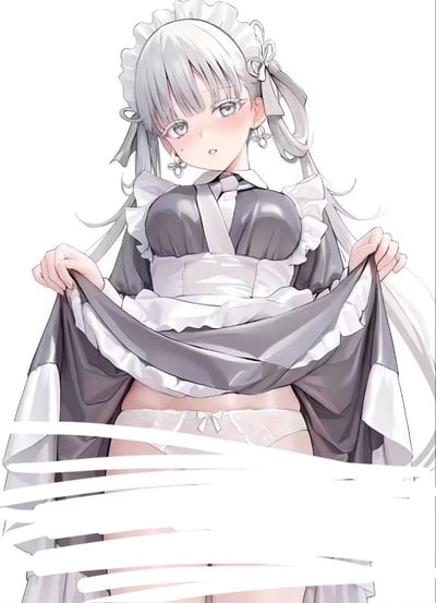 这是一张AI生成的二次元风格插画，画面主体是一位银发灰眼的女仆装少女，她双手提起女仆装的裙摆，露出了白色蕾丝内裤，下半身有白色线条打码处理。少女脸颊泛红，眼神带着羞涩，整体画风精致柔和，女仆装的面料质感刻画细腻，营造出一种羞涩又带有暧昧感的氛围。图中没有双关、谐音梗等特殊内容。