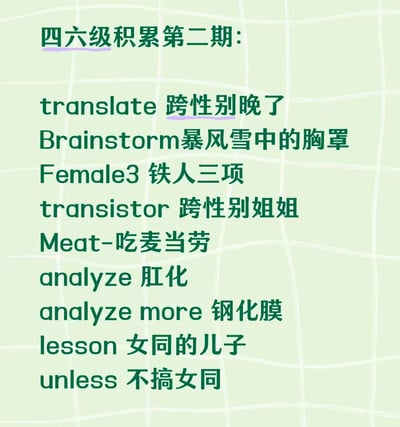 这是一张浅绿色网格背景的纯文字搞笑梗图，标称是「四六级积累第二期」，内容是将一系列四六级范围内的英语单词，通过谐音、拆词拼接的方式，强行翻译成含义离谱、带有网络玩梗属性的中文内容，所有翻译均为恶搞性质，并非正确的词义解释，意在制造反差笑点。