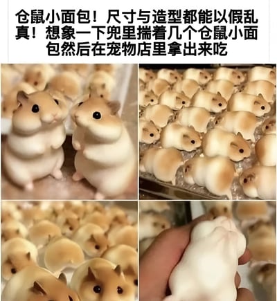 图片为四格图文混排，上方文字介绍'仓鼠小面包！尺寸与造型都能以假乱真！想象一下兜里揣着几个仓鼠小面包然后在宠物店里拿出来吃'。下方四张图片分别展示：两只站立的仓鼠造型面包特写、一整盘排列整齐的仓鼠面包、多只仓鼠面包的近距离群像，以及一只手握着单个仓鼠面包的场景。面包通体呈米白色，背部和头部有浅棕色烘烤痕迹，眼睛为黑色圆点，造型逼真可爱，让人难以分辨是面包还是真仓鼠。