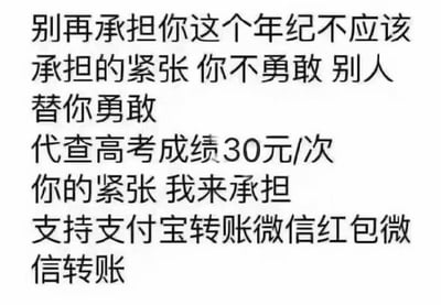 这是一张白底黑字的纯文字玩梗图，开头先用类似心灵鸡汤的话术表示不要承担这个年纪不该有的紧张，你不勇敢会有人替你勇敢，紧接着转折推出30元每次的代查高考成绩服务，声称由服务提供方承担查成绩的紧张，还标注支持支付宝转账、微信红包、微信转账多种支付渠道，内容是调侃考生查询高考成绩时的紧张情绪的搞笑玩梗内容，并非真实的服务广告。