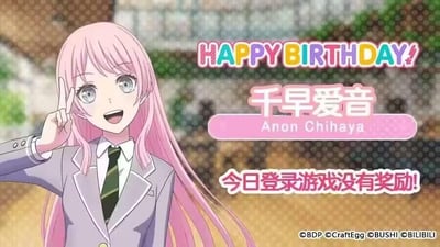 这是一张针对二次元企划《BanG Dream! It's MyGO!!!!!》角色千早爱音的生日整活图。画面中，粉色长发的千早爱音身着校服，开心地比出V字手势；上方配有彩色的“HAPPY BIRTHDAY!”生日祝福字样，中间标注了角色的中文名与英文名；最下方的“今日登录游戏没有奖励!”打破了游戏角色生日通常会推出登录福利的惯例，制造出强烈的反差感，属于玩梗整活的搞笑内容，没有双关或谐音梗。