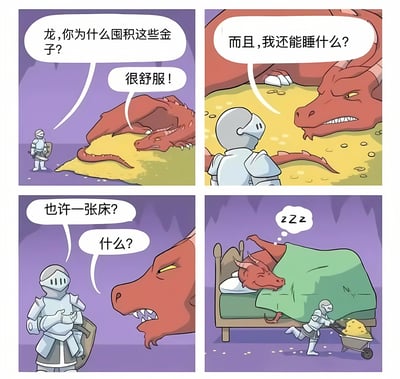 这是一幅四格漫画,讲述了一个有趣的故事:骑士询问巨龙为什么要囤积金币,巨龙回答说因为金币很舒服。当骑士建议巨龙睡床时,巨龙显得很疑惑。最后一幕显示巨龙舒适地睡在床上,而骑士则推着手推车运走金币。漫画通过简单的对话和画面展现了一个幽默的转折。